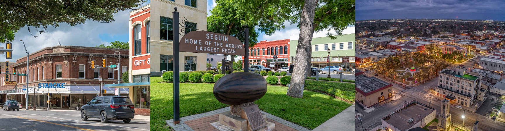 A street with buildings and trees.