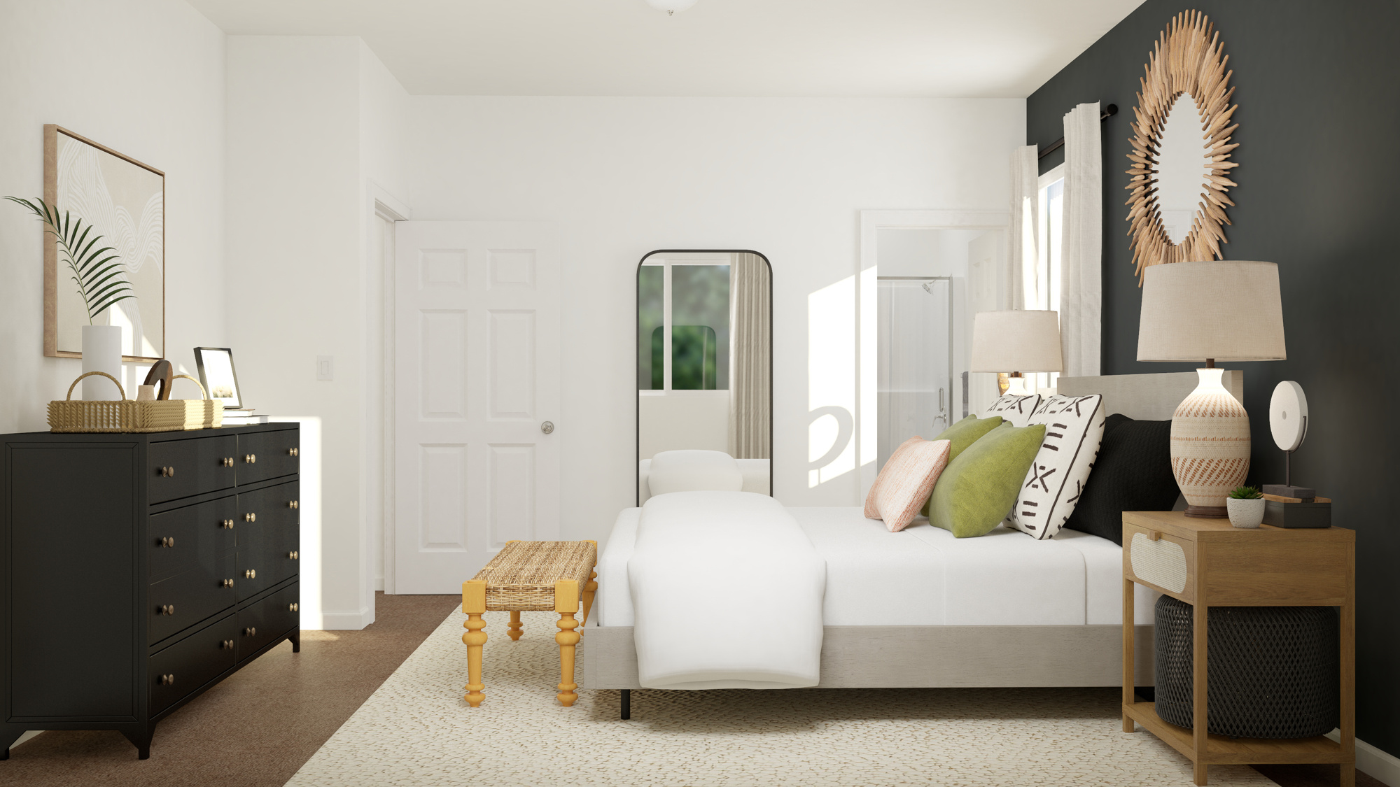 A room with a couch and a table.