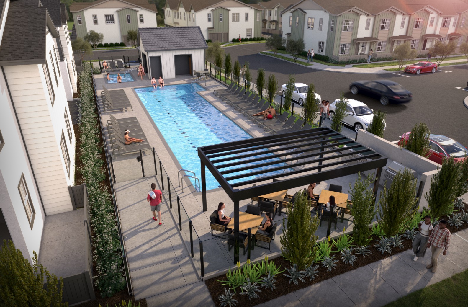 A pool with people around it.