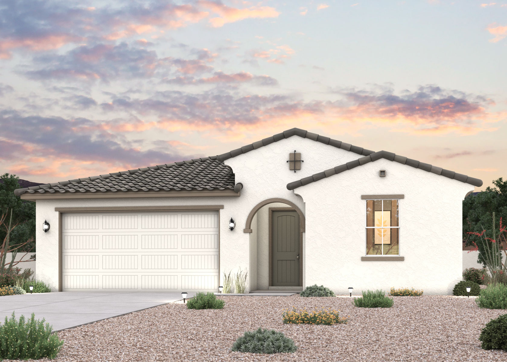 Twilight rendering of front of home with 2 car garage in Surprise, AZ