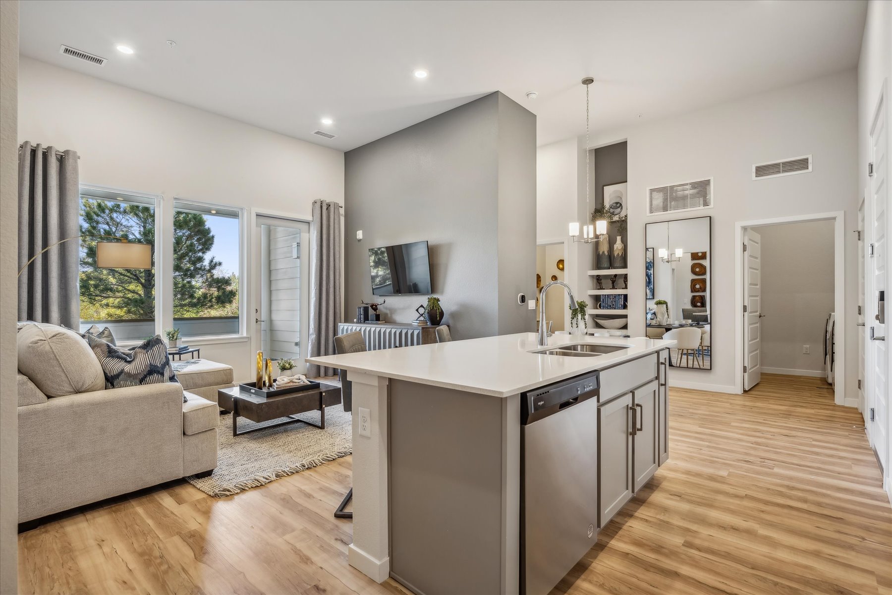 A kitchen and living room.