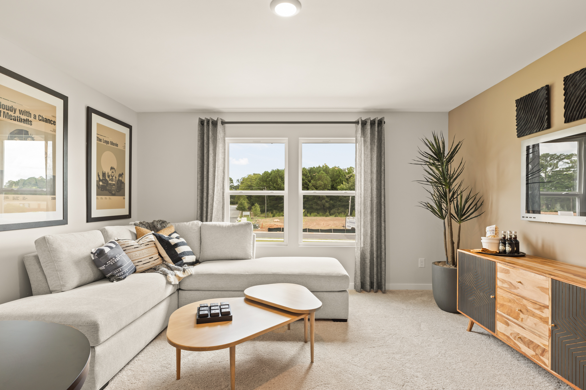 A living room with a couch and a coffee table.