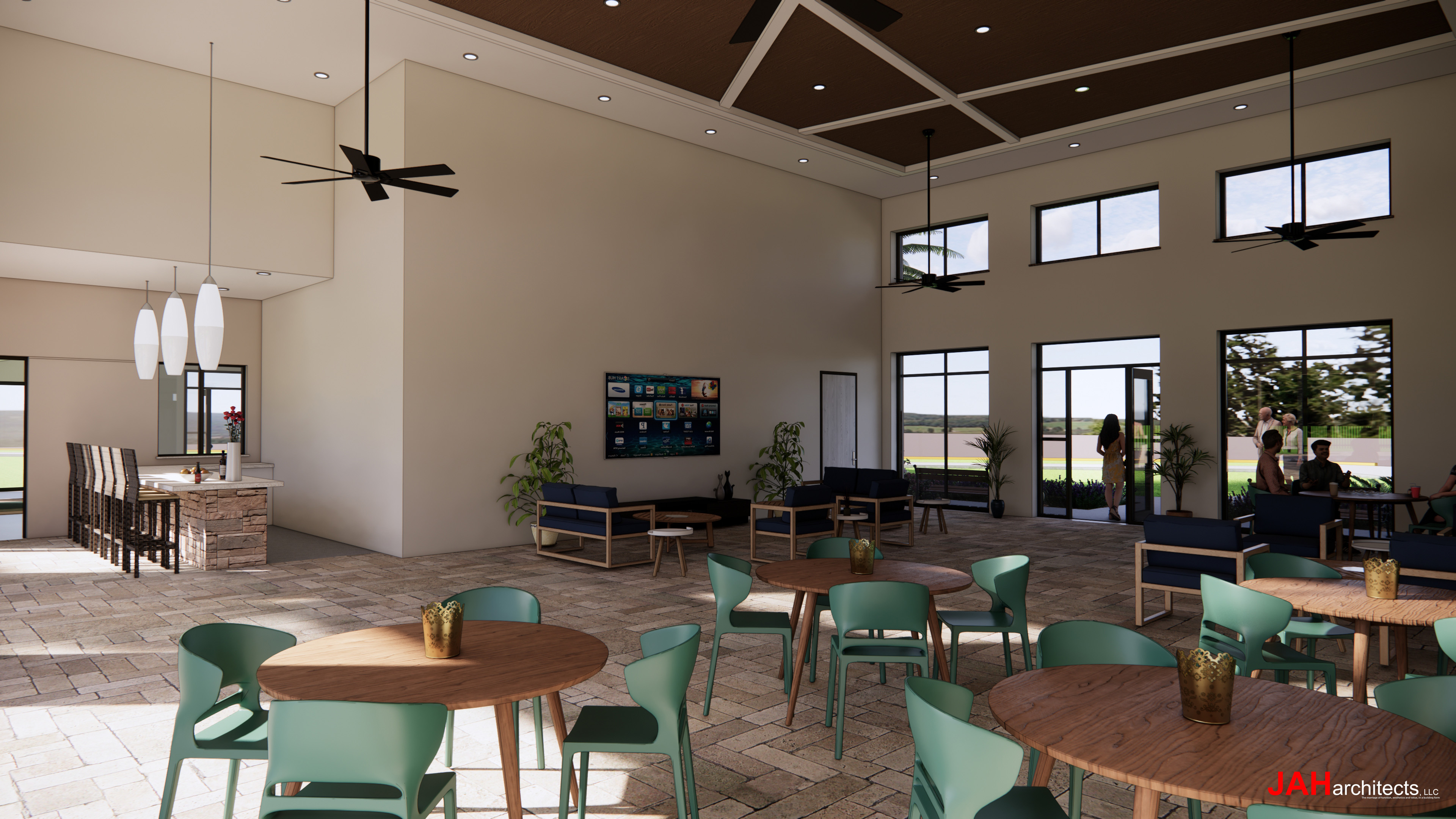 A room with tables and chairs.