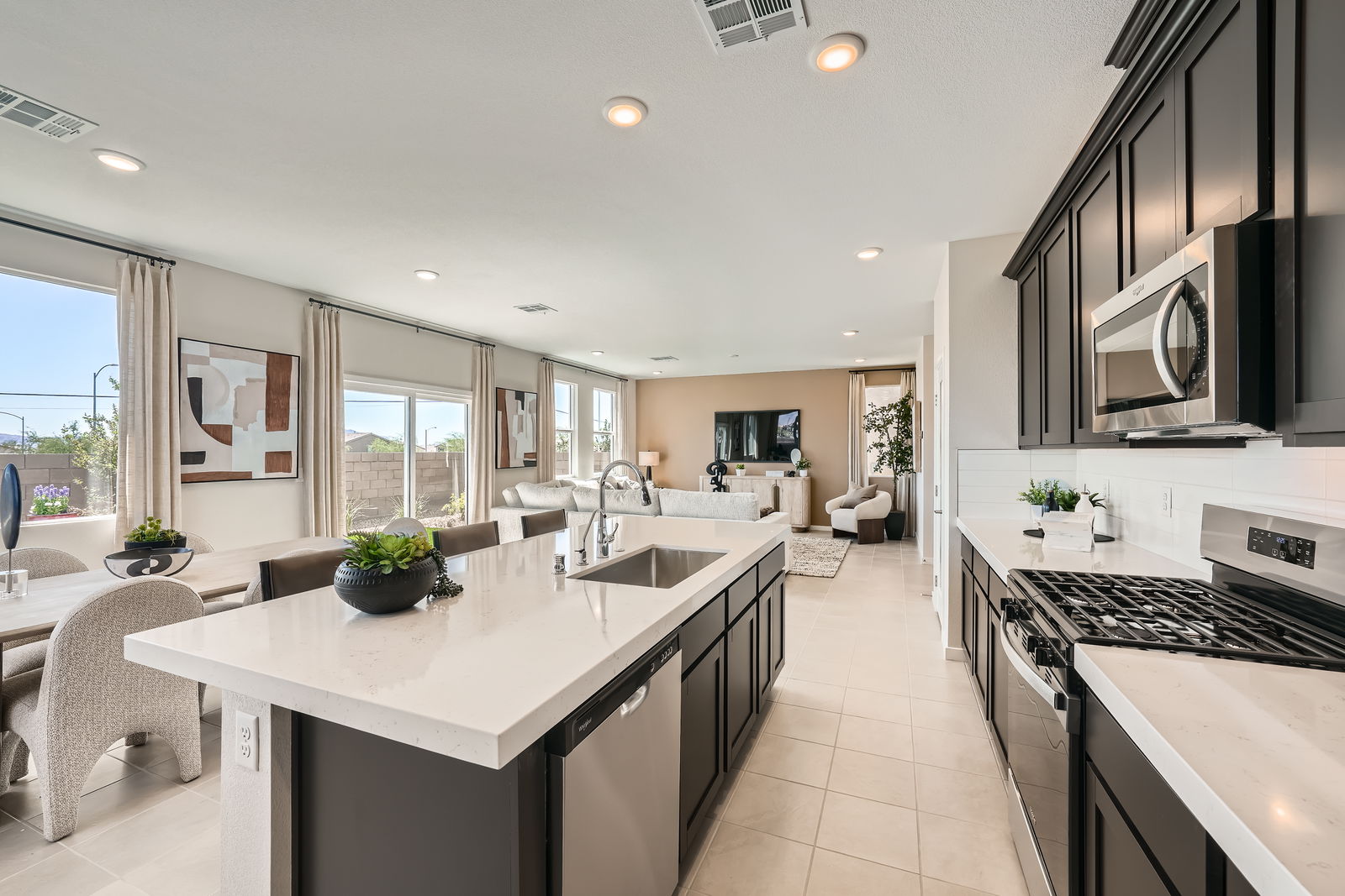 A kitchen with a large island.