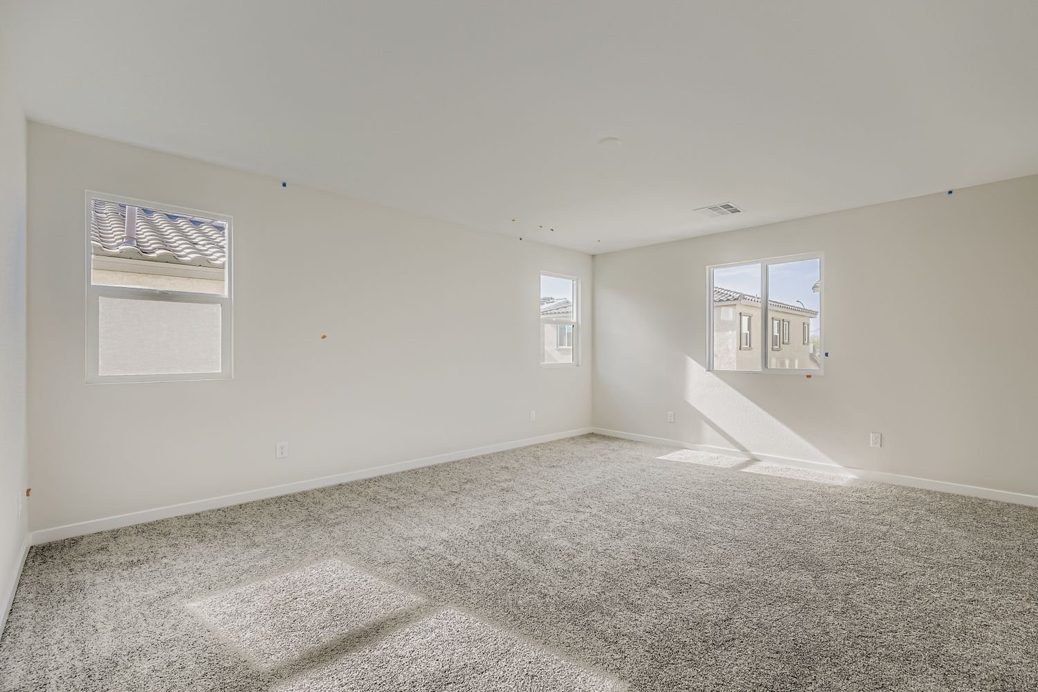 A room with a carpet and windows.