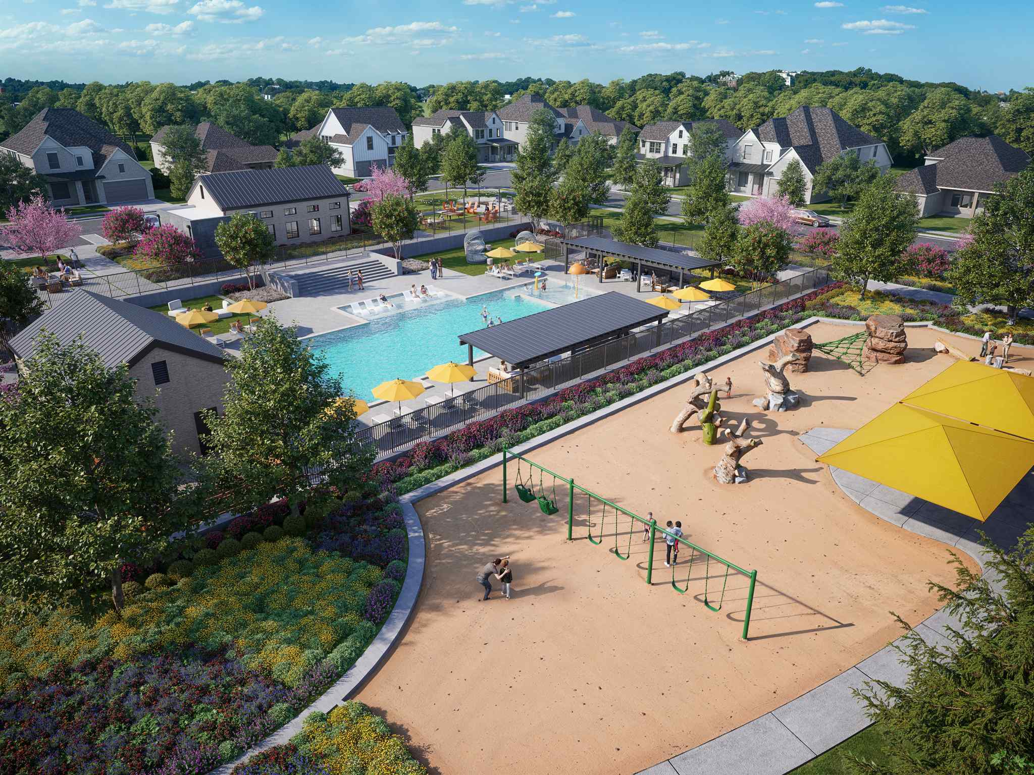 A swimming pool surrounded by houses.