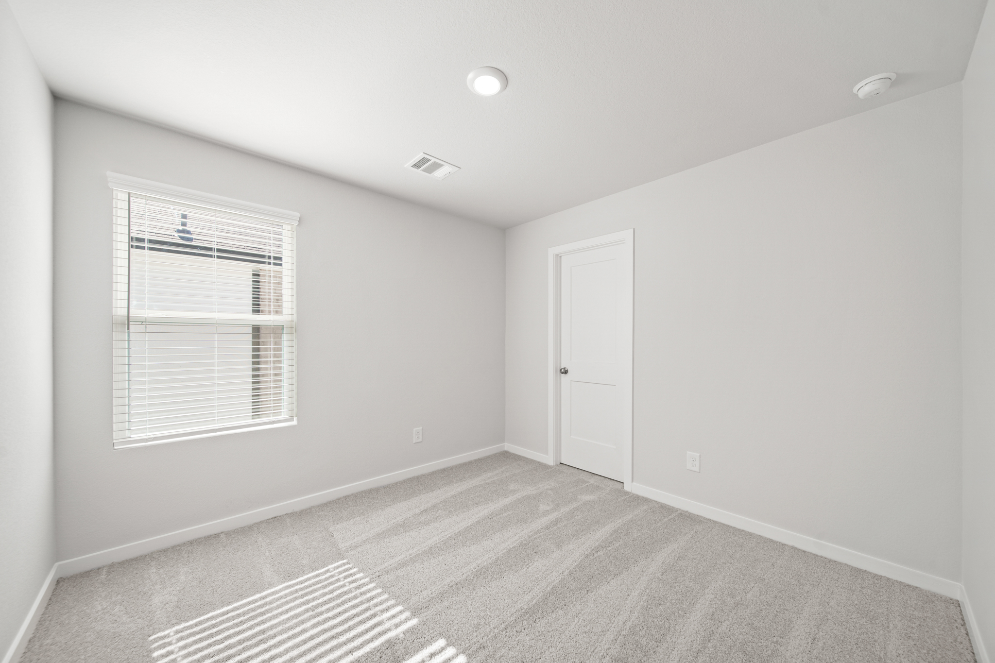 A room with a door and a rug.