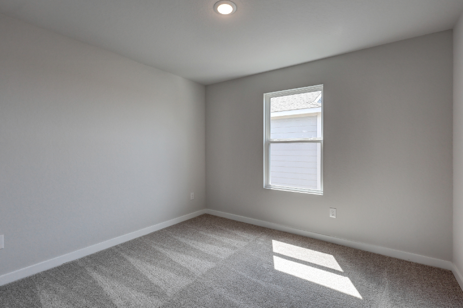 A room with a window and a carpet.