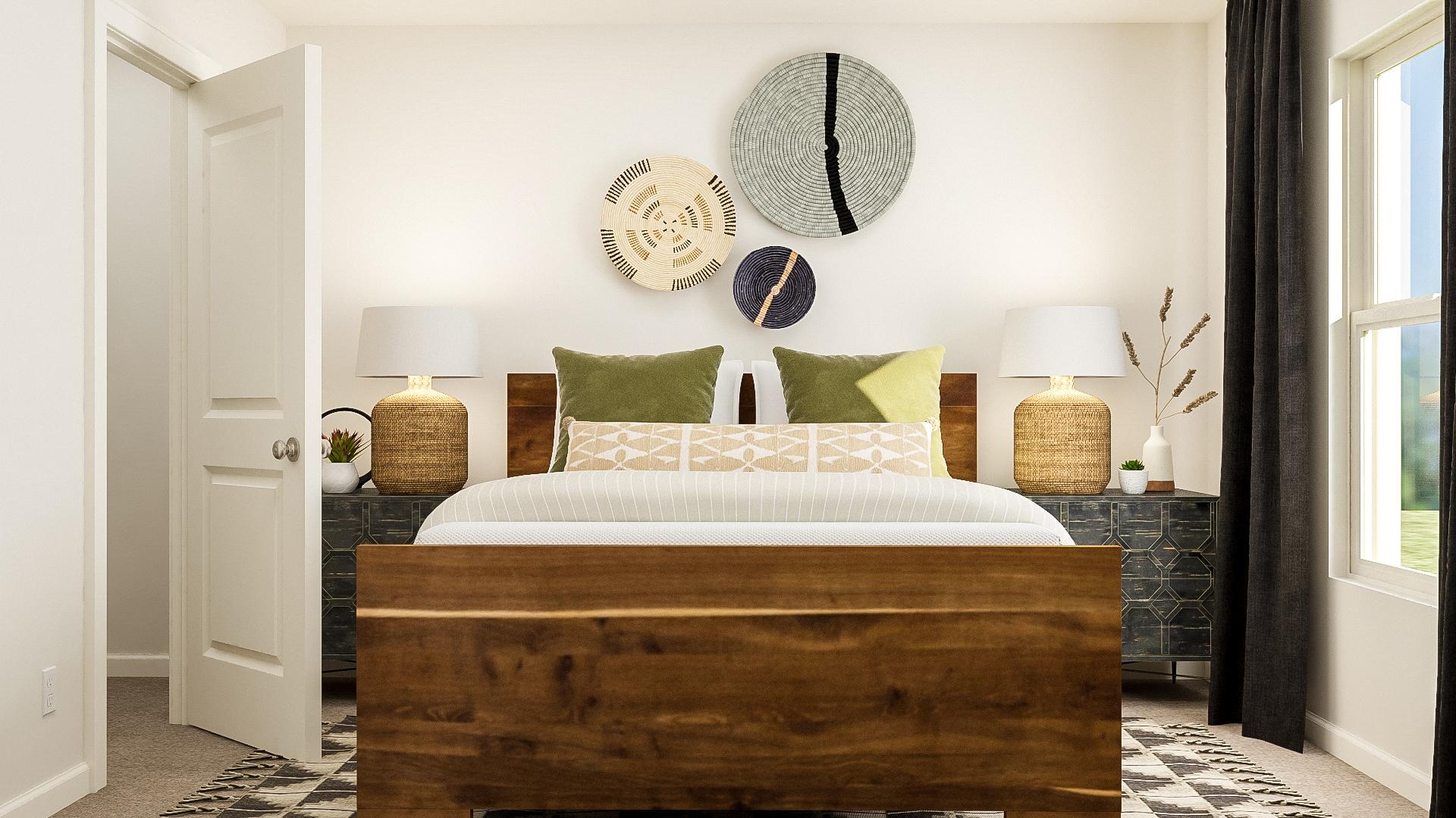 A bed with green pillows.