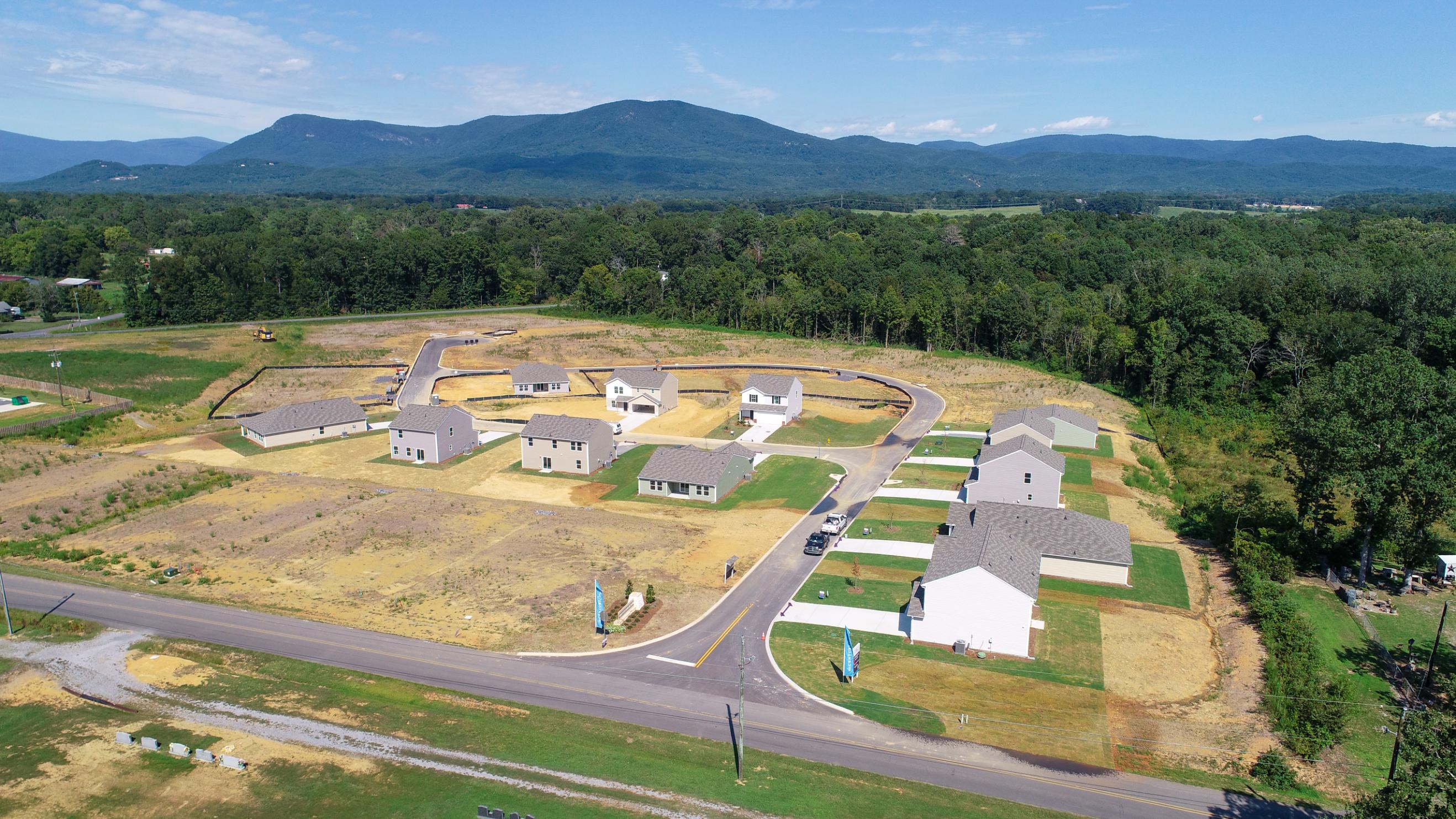 A group of houses in a wooded area.