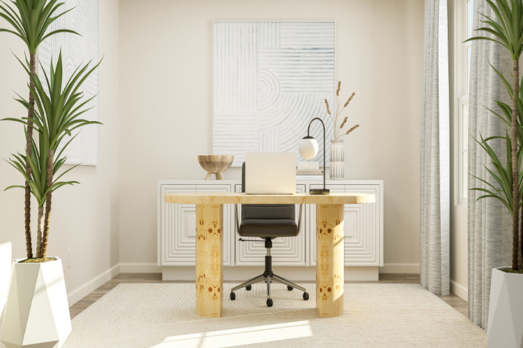 A table with chairs and a plant.
